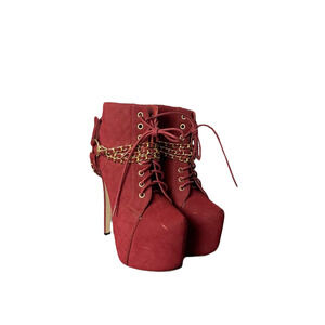 Red High Heel Platform Ankle Boots With Chain & Lace-Up Detail Size 8